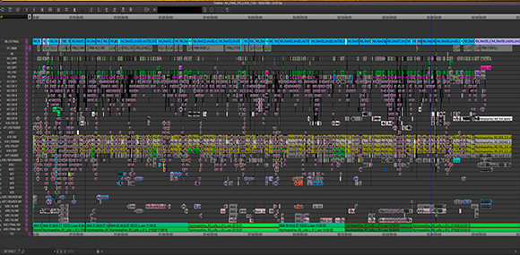A digital video editing software interface showing a dense, multi-track timeline with numerous colored clips.