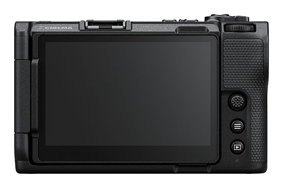 The back of a black digital cinema camera showing a large screen and control buttons.