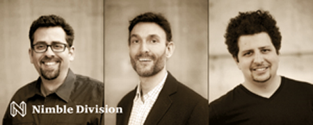 Three men smiling in individual sepia-toned portrait panels.