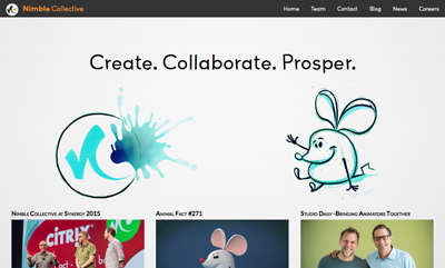 Nimble Collective website header with slogan and illustrations of a blue splash and a cartoon mouse.
