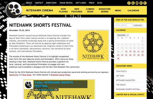 Nitehawk Cinema website displaying information about the Nitehawk Shorts Festival.