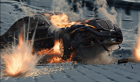 A black sedan on fire with smoke and sparks flying from the engine and side.