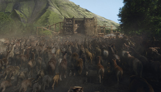 A massive herd of animals moves through dust toward a wooden structure at the base of a green mountain.