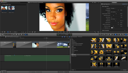 Final Cut Pro interface showing a video timeline, a library of transitions, and a close-up portrait of a woman.