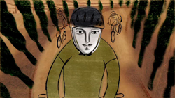 Stylized drawing of a person in a helmet and green shirt cycling on a path lined with trees.