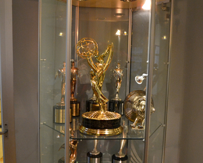 Several gold trophies of various shapes and sizes inside a glass display cabinet.