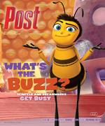 Animated bee character with blue eyes and black stripes on a magazine cover with the words 'Post' and 'What's the Buzz?'