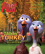 Two animated turkeys with purple heads and orange beaks stand in front of autumn foliage. Text reads "Post" and "Talkin' Turk