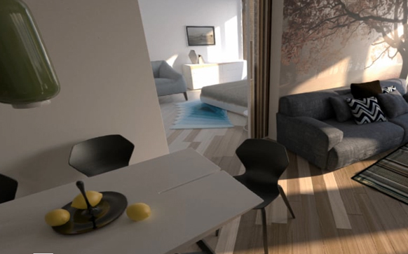 A dining table with black chairs in the foreground and a living room with a grey sofa in the background.