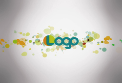 The word Logo in teal font centered over a horizontal spray of multicolored circular spots.