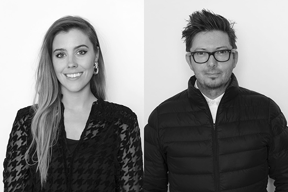 Black and white portraits of a smiling woman with long hair and a man wearing glasses and a puffer jacket.
