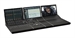 An open black electronic device featuring three distinct screen panels laid out horizontally.