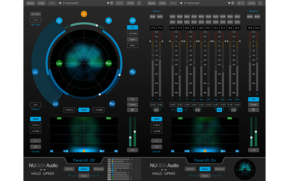 Digital audio mixing interface with circular visualizer, vertical faders, and spectral displays.