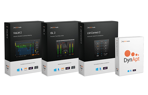 Four NUGEN Audio software boxes: VisLM 2, ISL 2, LM-Correct 2, and DynApt Extension.