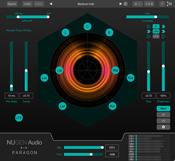 Digital audio plugin interface with a circular glowing orange light pattern and various control sliders.