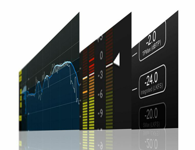 Three dark panels displaying audio waveforms, frequency bars, and numerical loudness measurements.