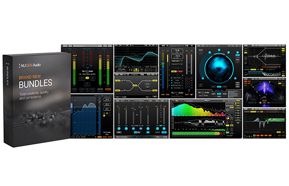 A black product box for NUGEN Audio Bundles next to various digital audio plugin interface displays.