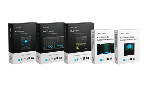 Five black and white NUGEN Audio software boxes for Halo Upmix, Downmix, Vision, and 3D Immersive Extensions.