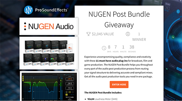 Promotional graphic for a NUGEN Audio giveaway featuring a bundle of 11 audio plug-ins worth $2,045.