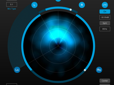 A circular blue and black digital interface displaying a glowing blue sound field visualization.