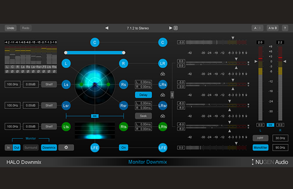 Software interface showing audio downmixing controls, level meters, and a circular spatial visualization.