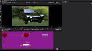 Software interface with a video of a dark car in a field and a node-based editing graph below.