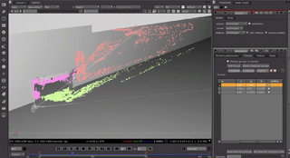 A 3D software interface displaying a colorful point cloud of a structure against a gray background.