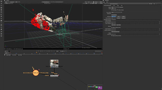 A 3D software interface displaying a red and white point cloud model on a grid with node-based editing below.