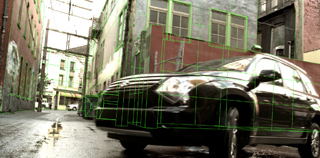 A dark SUV parked in a narrow alleyway with green digital bounding boxes overlaid on the car and buildings.