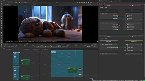 Software interface displaying a 3D render of a brown creature and a complex node-based compositing workflow.