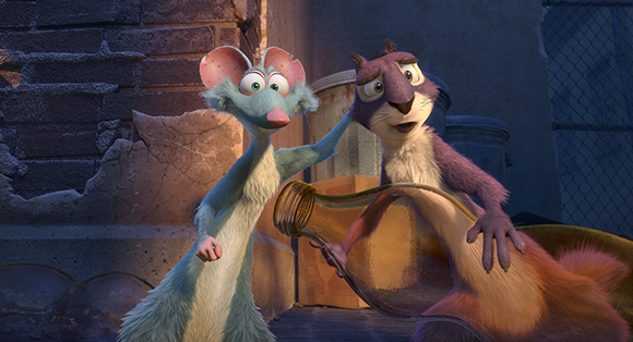 An animated light blue mouse reaches toward a purple rat sitting behind a large glass bottle.