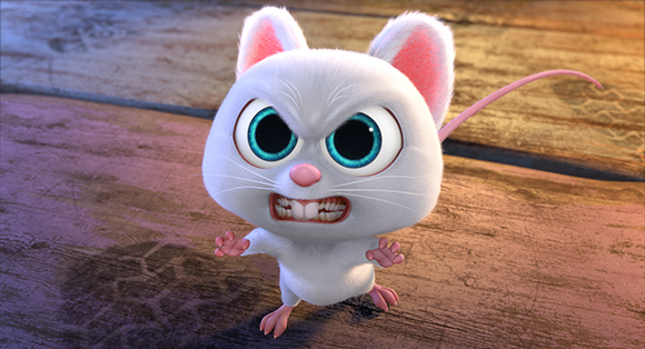 A small, white, wide-eyed cartoon mouse with an angry expression and bared teeth.