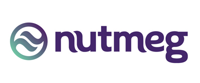 Nutmeg logo featuring a stylized circular wave icon and lowercase purple text.