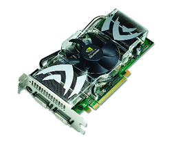 A computer graphics card with two black fans and silver decorative accents on a green circuit board.