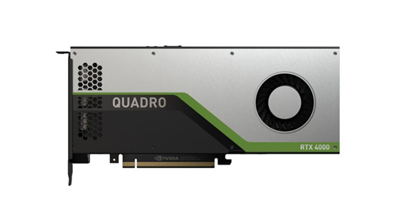 A side view of an NVIDIA Quadro RTX 4000 graphics card with a silver shroud and a single cooling fan.