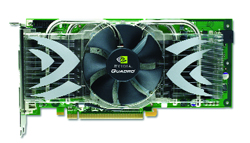 NVIDIA Quadro graphics card with a large black cooling fan and silver heatsink fins on a green circuit board.