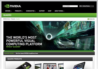 NVIDIA Quadro website homepage featuring the tagline 'The World's Most Powerful Visual Computing Platform' and imagery of a c