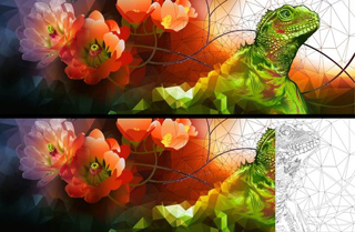 Geometric digital art of a green iguana and orange flowers, shown with a wireframe overlay on the right.