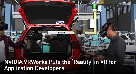 Two people wearing VR headsets and holding controllers interact with a virtual car interior and factory setting.
