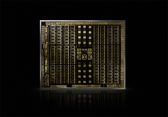 A detailed, golden-colored integrated circuit chip centered on a black background with a subtle reflection below.