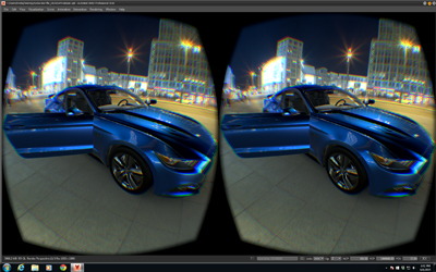Stereoscopic view of a blue sports car with an open door parked in a city plaza at night.