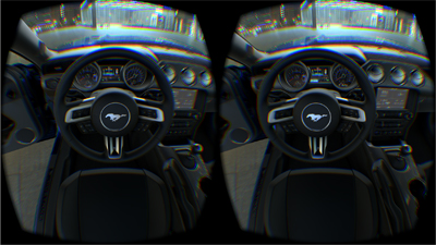 Stereoscopic dual view of a car dashboard and steering wheel with a horse emblem.