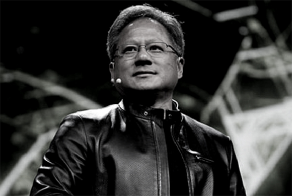 A man wearing glasses and a leather jacket looks upward against a dark, abstract background.