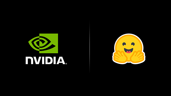 NVIDIA logo on the left and a yellow hugging face emoji on the right against a black background.