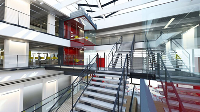 Interior of a modern office building with a large central staircase, glass railings, and red accent walls on multiple levels.