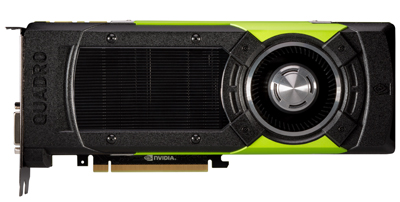 A black and lime green NVIDIA Quadro graphics card with a large cooling fan.
