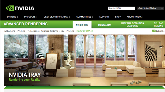 NVIDIA Iray webpage showing a bright, modern interior architectural rendering with large arched windows.