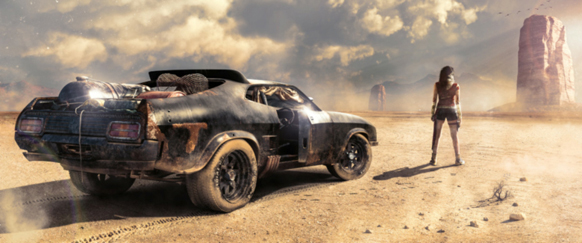 A woman stands in a desolate desert with a post-apocalyptic car. Tall rock formations are visible in the background under a c