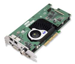 An NVIDIA graphics card with a green circuit board and a black cooling fan.