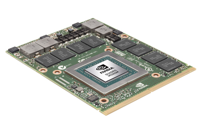 NVIDIA Quadro M5000M graphics card with a central processor and multiple memory chips on a green circuit board.